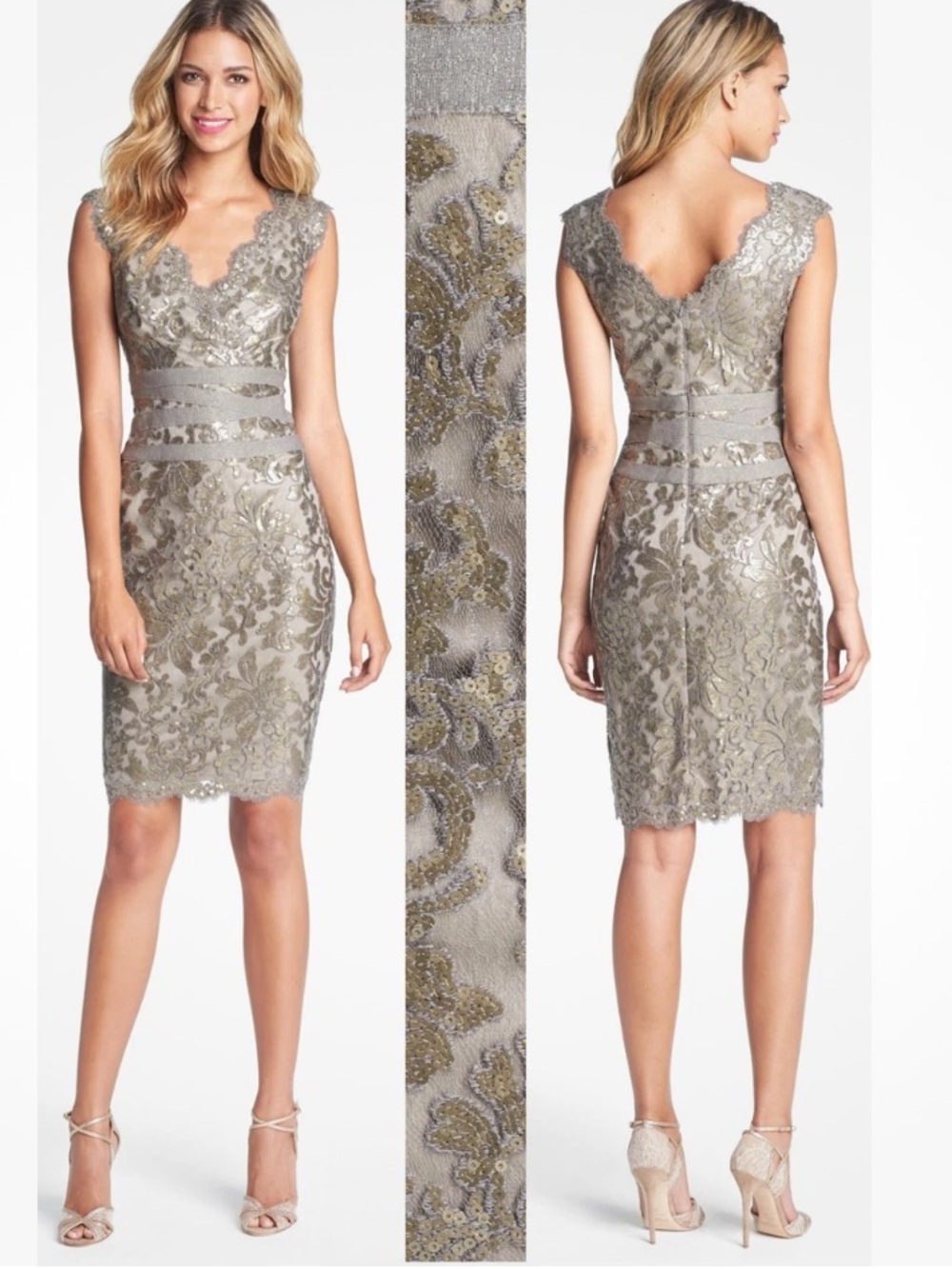 Tadashi Shoji Smoke Pearl Paillette Embroidered Sequin Lace Banded Dress Size 4